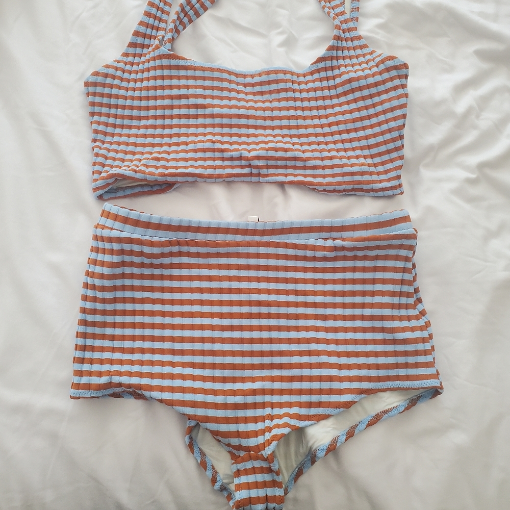 Solid and striped bathing suit